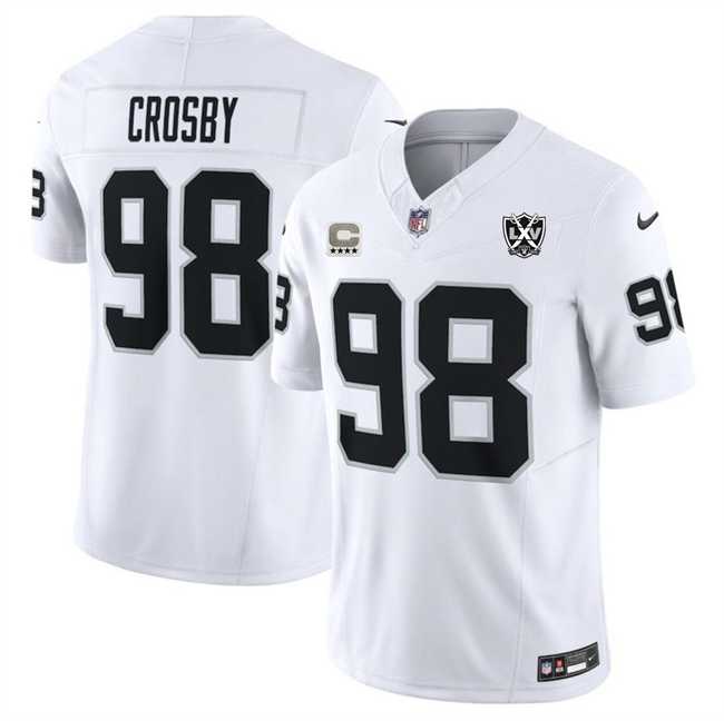 Men & Women & Youth Las Vegas Raiders #98 Maxx Crosby White 2024 F.U.S.E With 4-Star C Patch And 65th Anniversary Patch Vapor Stitched Jersey